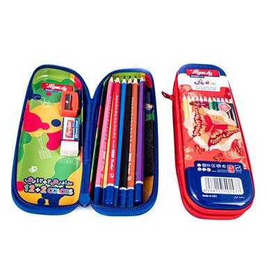 عکس مداد رنگی ۱۲ رنگ فلزی زیپی همراه با تراش پاک کن jm990-12c پارسیکار